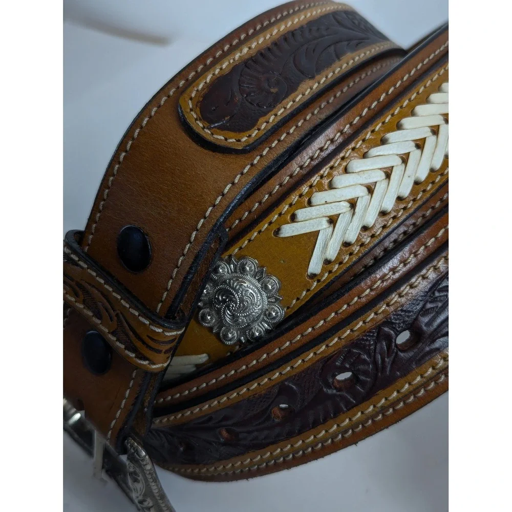 G Bar D Mens 46 Cognac Leather Cowboy Belt Whipstitch Concho Removable Buckle